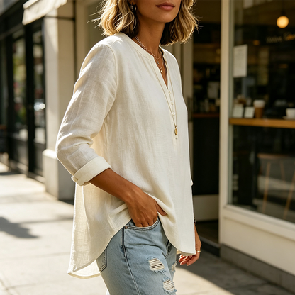 🌿Cotton And Linen Casual V Neck Button Up Long Sleeve Shirt