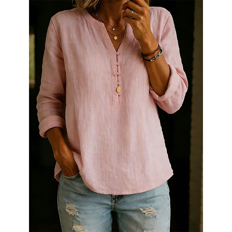 🌿Cotton And Linen Casual V Neck Button Up Long Sleeve Shirt
