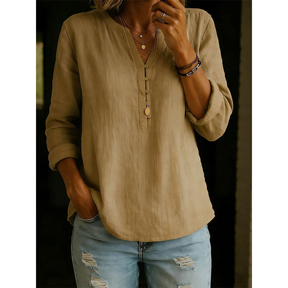 🌿Cotton And Linen Casual V Neck Button Up Long Sleeve Shirt