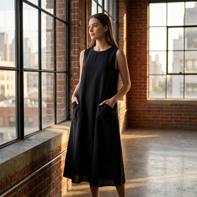 Women's Sleeveless Round Neck Casual Dress Loose Fit Linen-Look Maxi Dress with Pockets