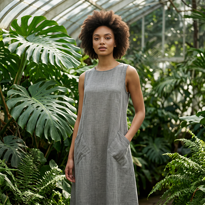 Women's Sleeveless Round Neck Casual Dress Loose Fit Linen-Look Maxi Dress with Pockets