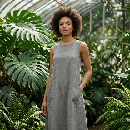 Women's Sleeveless Round Neck Casual Dress Loose Fit Linen-Look Maxi Dress with Pockets
