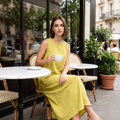 Women's Sleeveless Round Neck Casual Dress Loose Fit Linen-Look Maxi Dress with Pockets
