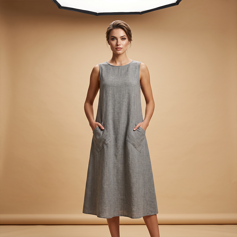 Women's Sleeveless Round Neck Casual Dress Loose Fit Linen-Look Maxi Dress with Pockets