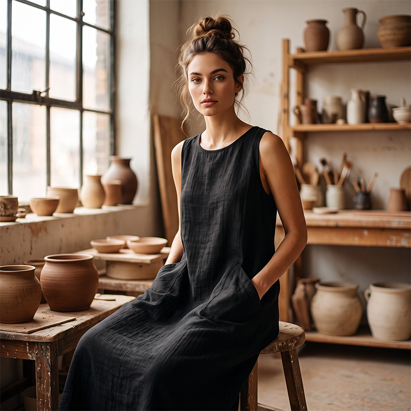 Women's Sleeveless Round Neck Casual Dress Loose Fit Linen-Look Maxi Dress with Pockets