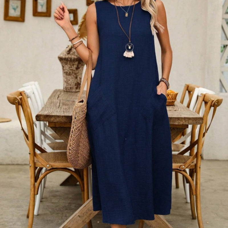 Women's Sleeveless Round Neck Casual Dress Loose Fit Linen-Look Maxi Dress with Pockets
