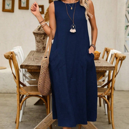 Women's Sleeveless Round Neck Casual Dress Loose Fit Linen-Look Maxi Dress with Pockets