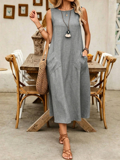 Women's Sleeveless Round Neck Casual Dress Loose Fit Linen-Look Maxi Dress with Pockets