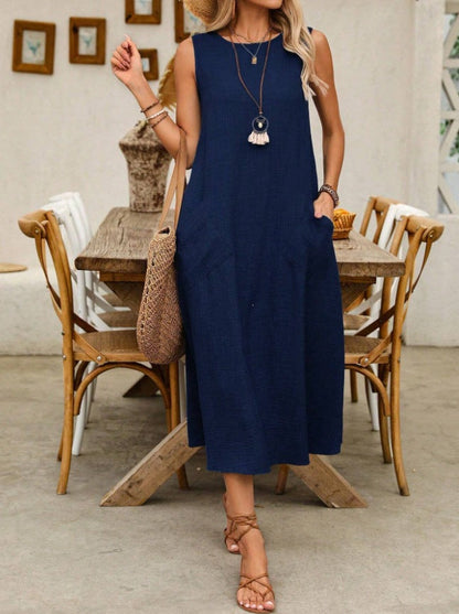 Women's Sleeveless Round Neck Casual Dress Loose Fit Linen-Look Maxi Dress with Pockets