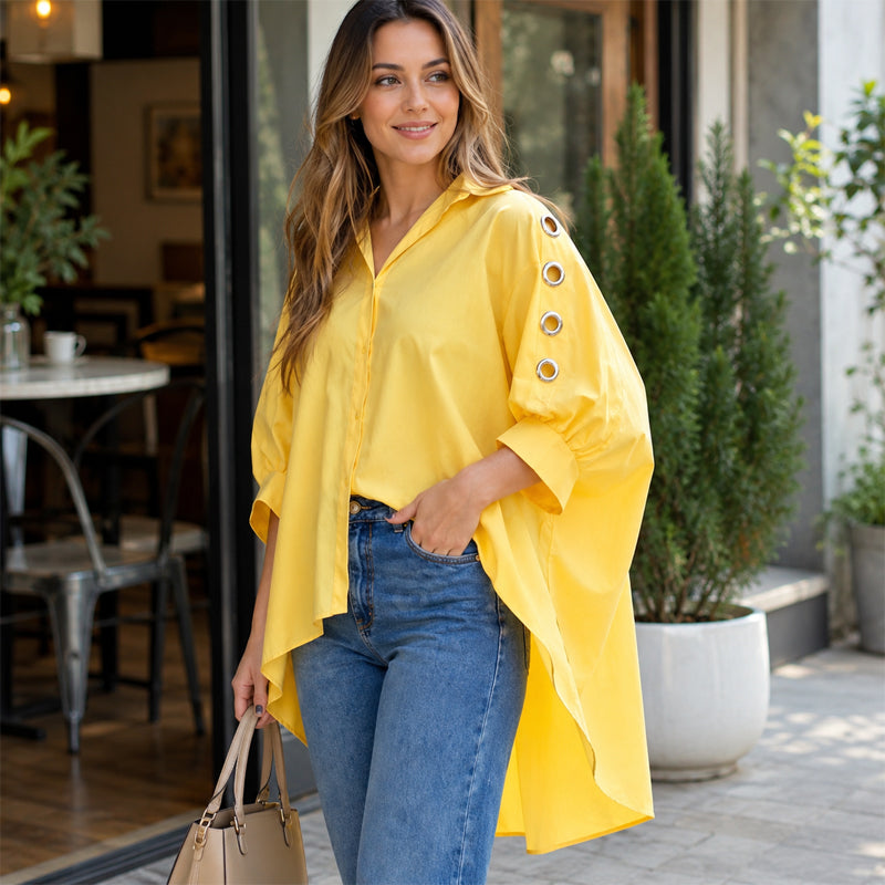 Women's Oversized Asymmetrical Shirt with Eyelet Details