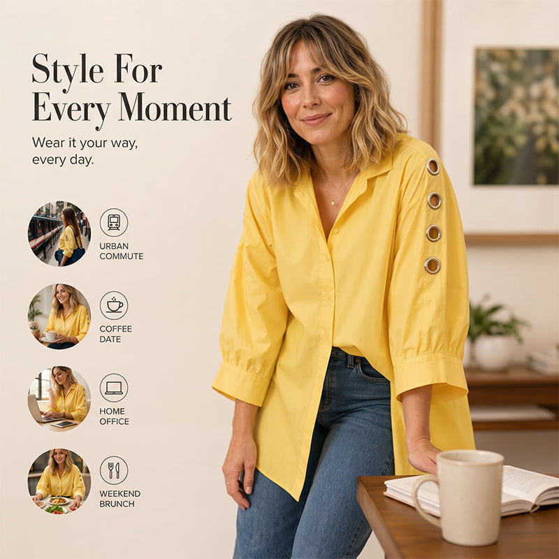 Women's Oversized Asymmetrical Shirt with Eyelet Details