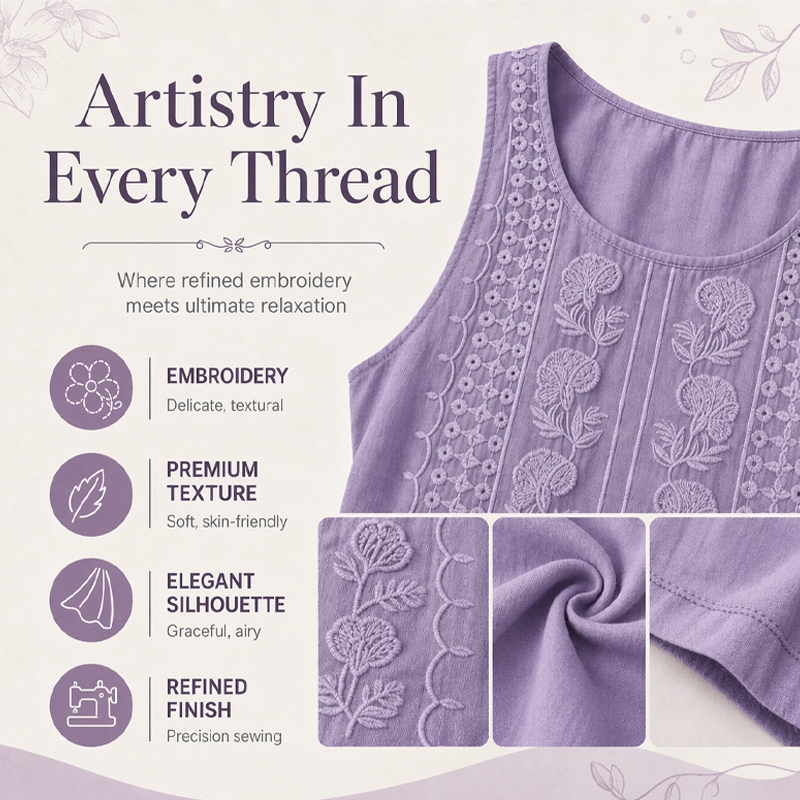 🌿Cotton and Linen Round Neck Embroidered Tank Tops