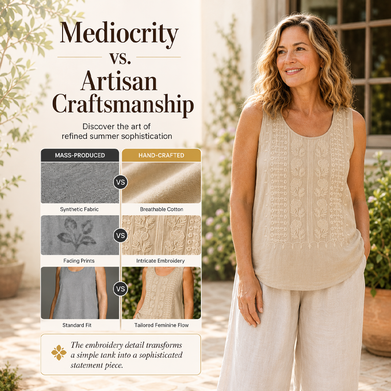 🌿Cotton and Linen Round Neck Embroidered Tank Tops