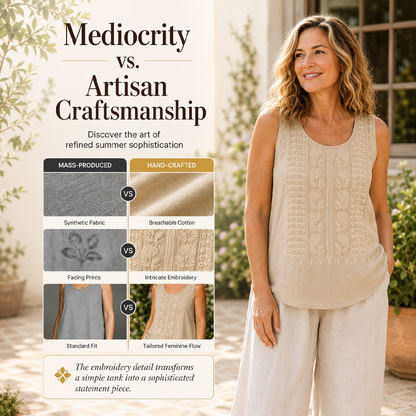 🌿Cotton and Linen Round Neck Embroidered Tank Tops