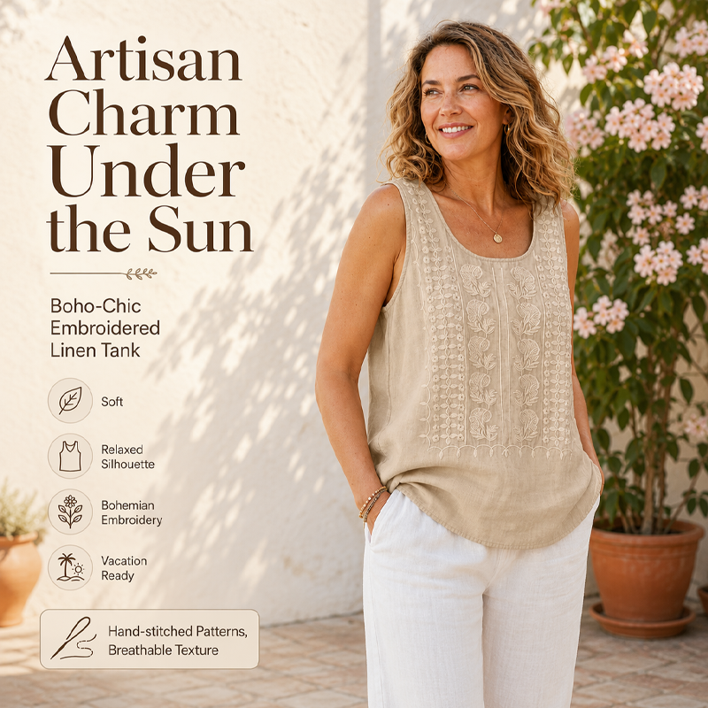 🌿Cotton and Linen Round Neck Embroidered Tank Tops