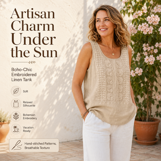 🌿Cotton and Linen Round Neck Embroidered Tank Tops