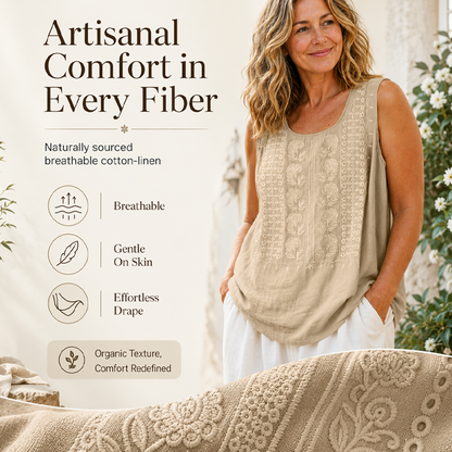 🌿Cotton and Linen Round Neck Embroidered Tank Tops