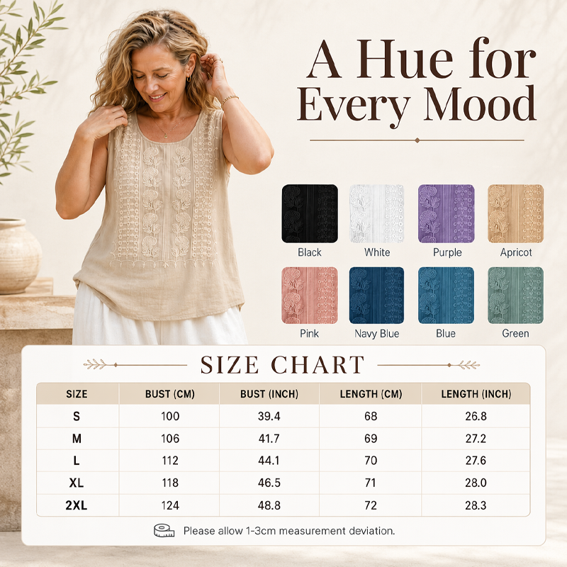 🌿Cotton and Linen Round Neck Embroidered Tank Tops