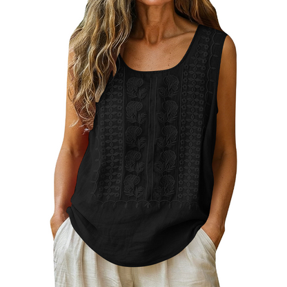 🌿Cotton and Linen Round Neck Embroidered Tank Tops