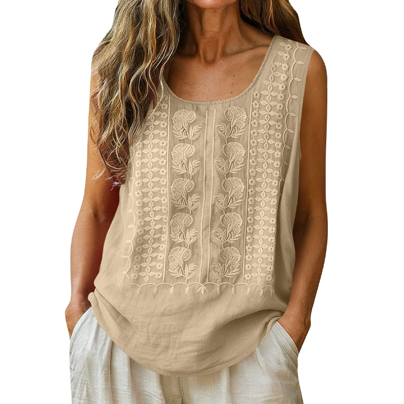 🌿Cotton and Linen Round Neck Embroidered Tank Tops