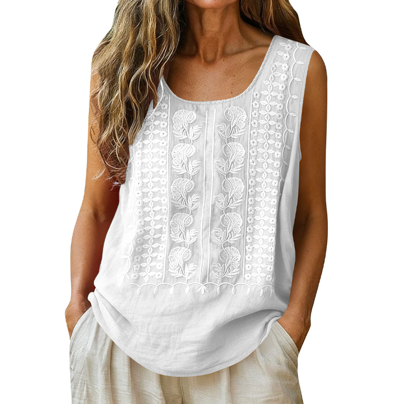 🌿Cotton and Linen Round Neck Embroidered Tank Tops