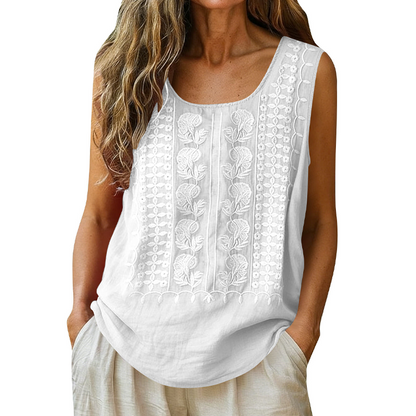 🌿Cotton and Linen Round Neck Embroidered Tank Tops