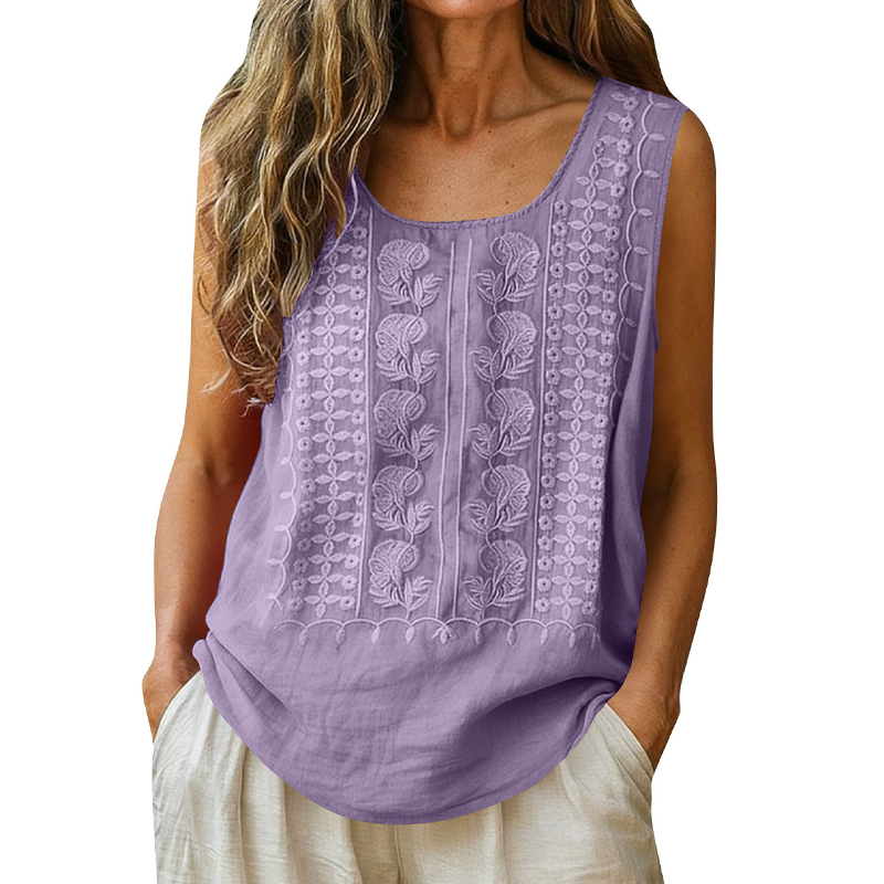 🌿Cotton and Linen Round Neck Embroidered Tank Tops