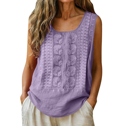 🌿Cotton and Linen Round Neck Embroidered Tank Tops