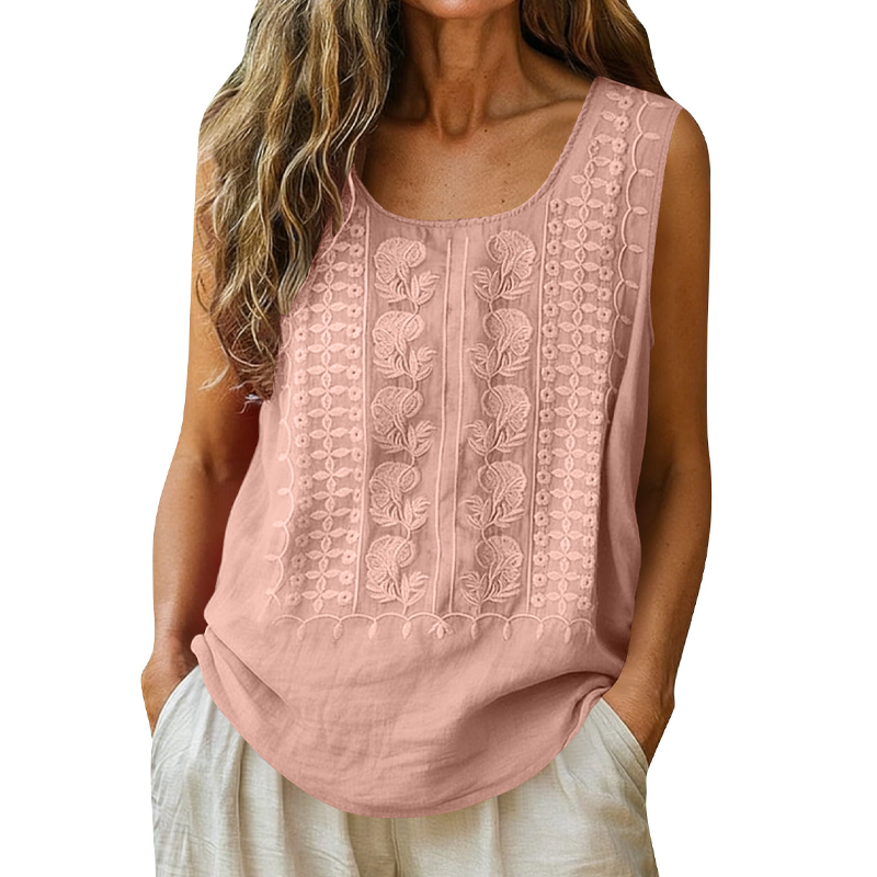 🌿Cotton and Linen Round Neck Embroidered Tank Tops