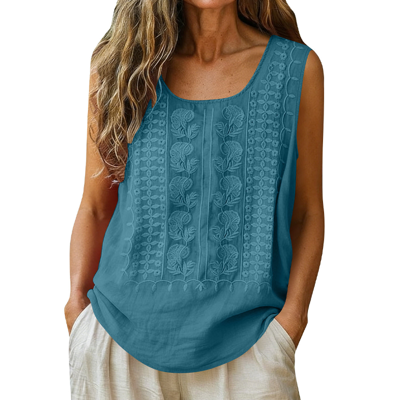 🌿Cotton and Linen Round Neck Embroidered Tank Tops