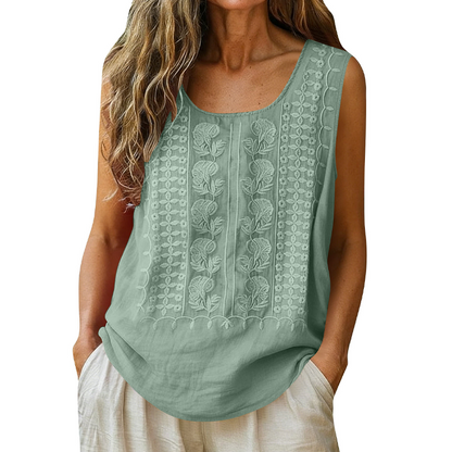 🌿Cotton and Linen Round Neck Embroidered Tank Tops