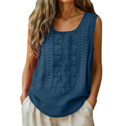 🌿Cotton and Linen Round Neck Embroidered Tank Tops
