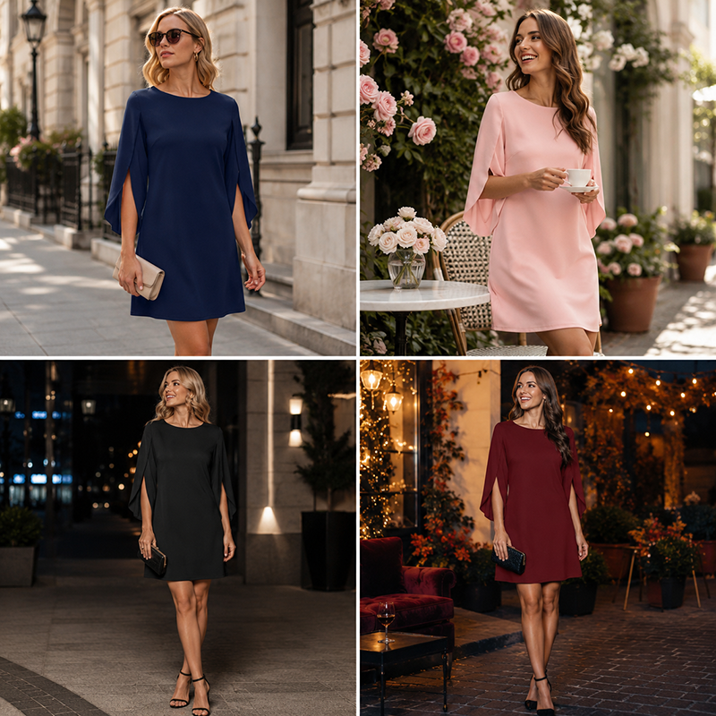 Women Elegant Solid Color Round Neck Dress
