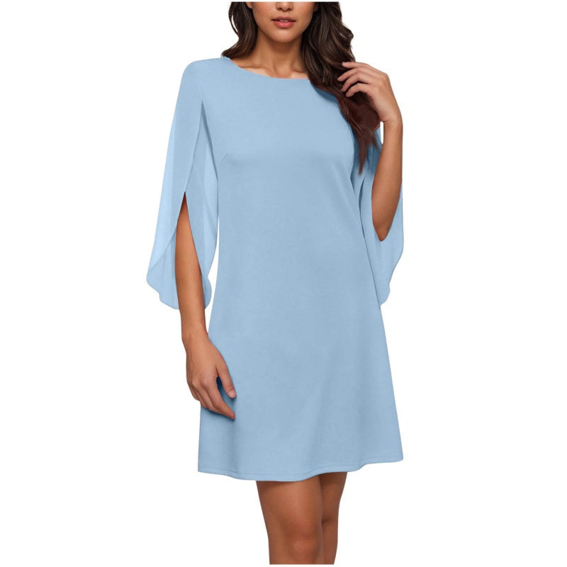 Women Elegant Solid Color Round Neck Dress