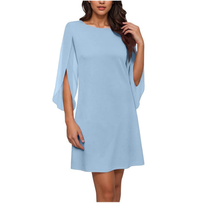 Women Elegant Solid Color Round Neck Dress