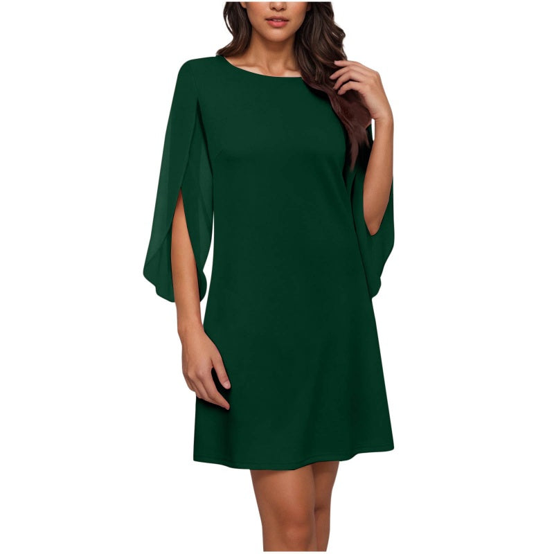 Women Elegant Solid Color Round Neck Dress