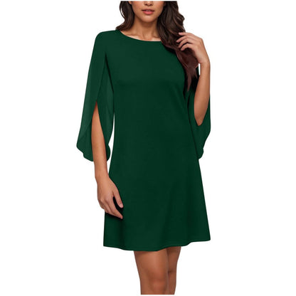 Women Elegant Solid Color Round Neck Dress