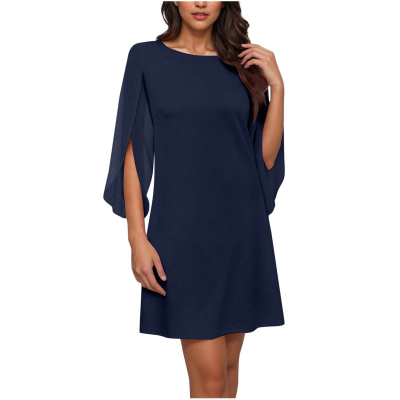 Women Elegant Solid Color Round Neck Dress