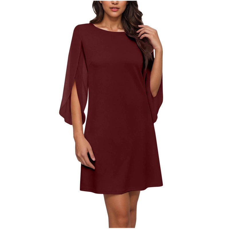 Women Elegant Solid Color Round Neck Dress