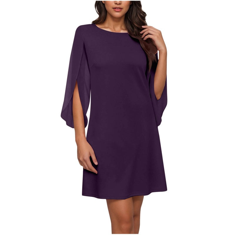 Women Elegant Solid Color Round Neck Dress