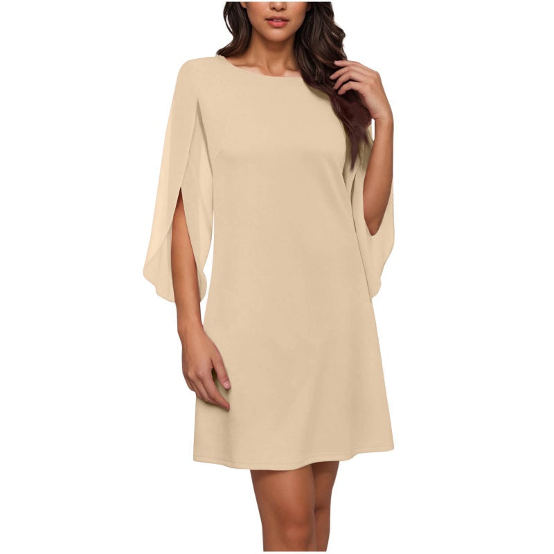 Women Elegant Solid Color Round Neck Dress