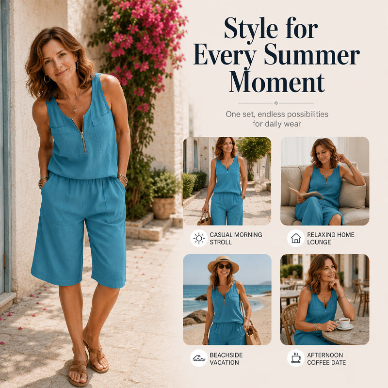 ⌛Limited-Time Offer-Women's Half-Zip Sleeveless Tank Top & Shorts Set