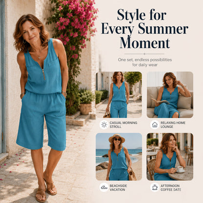 ⌛Limited-Time Offer-Women's Half-Zip Sleeveless Tank Top & Shorts Set