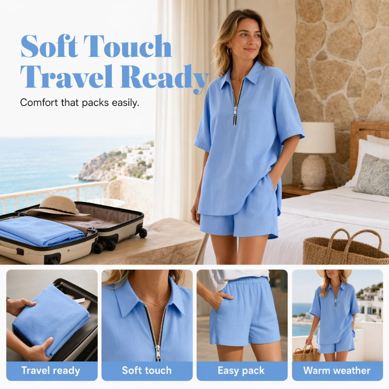 ⌛Limited-Time Offer-Women Casual Two Piece Set Short Sleeve Half Zip Top and Shorts
