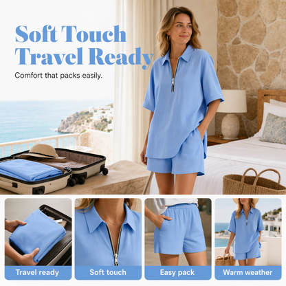 ⌛Limited-Time Offer-Women Casual Two Piece Set Short Sleeve Half Zip Top and Shorts
