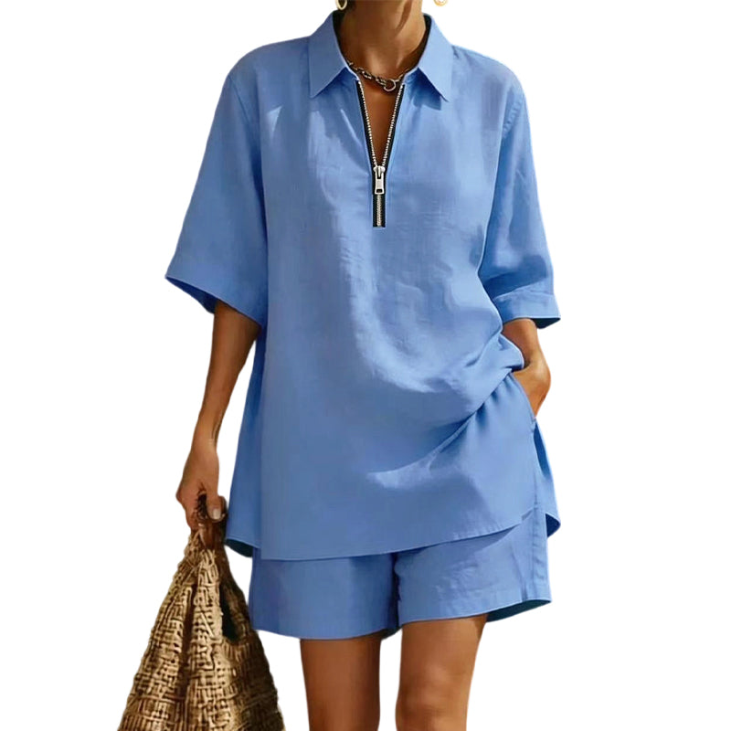 ⌛Limited-Time Offer-Women Casual Two Piece Set Short Sleeve Half Zip Top and Shorts
