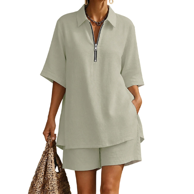 ⌛Limited-Time Offer-Women Casual Two Piece Set Short Sleeve Half Zip Top and Shorts