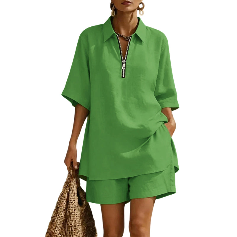 ⌛Limited-Time Offer-Women Casual Two Piece Set Short Sleeve Half Zip Top and Shorts
