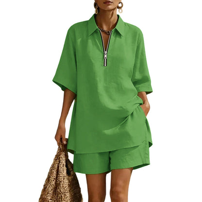 ⌛Limited-Time Offer-Women Casual Two Piece Set Short Sleeve Half Zip Top and Shorts