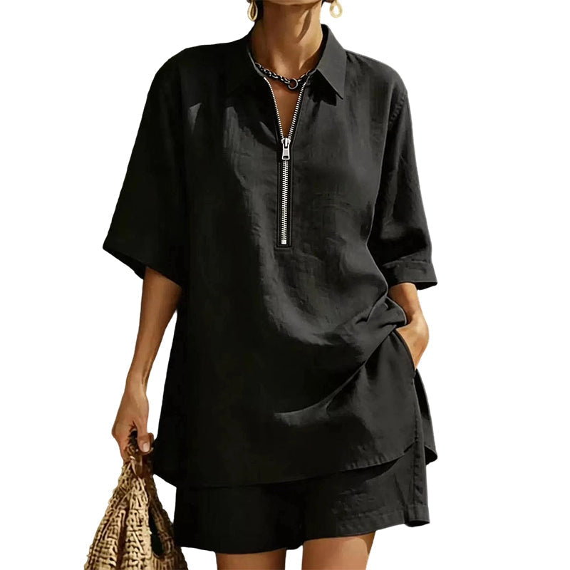 ⌛Limited-Time Offer-Women Casual Two Piece Set Short Sleeve Half Zip Top and Shorts